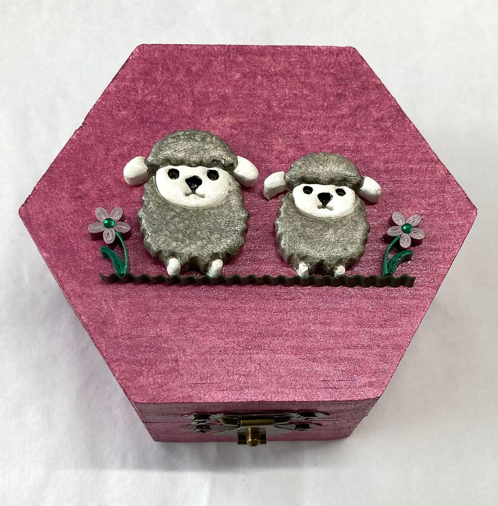 Thumbnail: Small Hexagonal Wooden Trinket Box - Sheep
