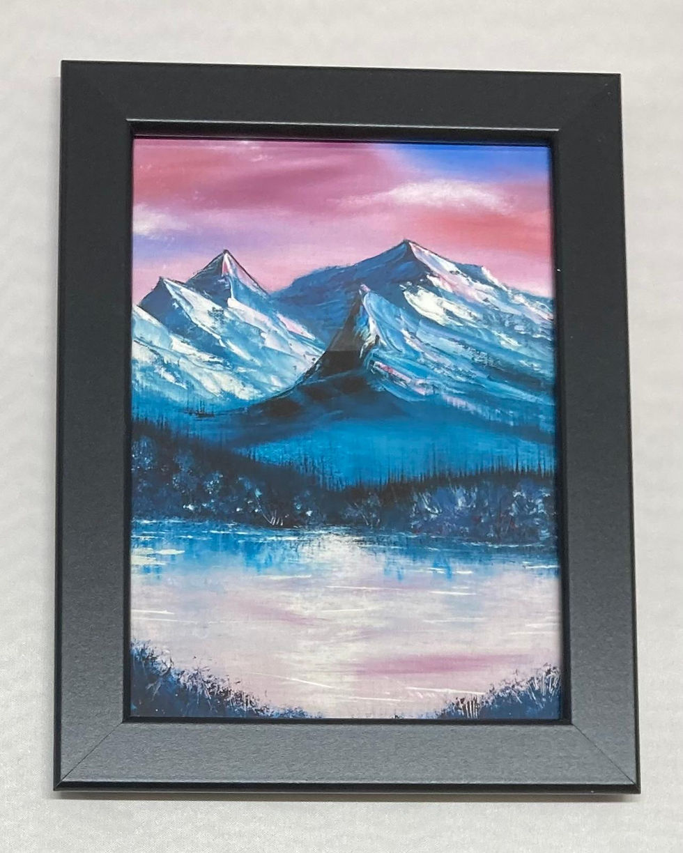 Thumbnail: 'Pink Sky Mountains' Extra Small Framed Print - Black Frame