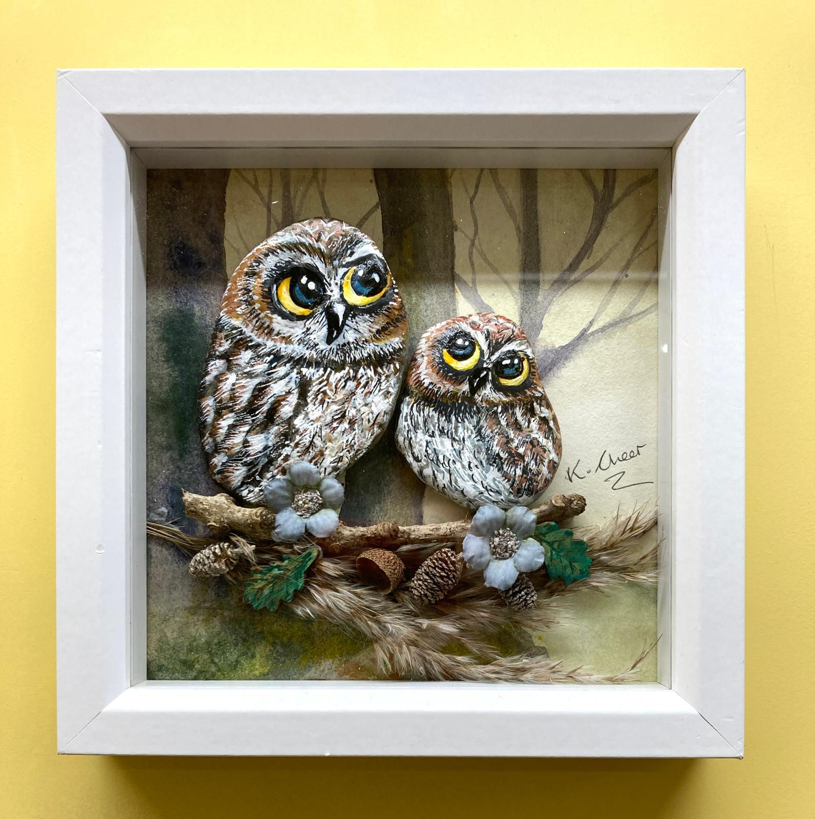 Framed Painted Pebble Picture - Two Owl