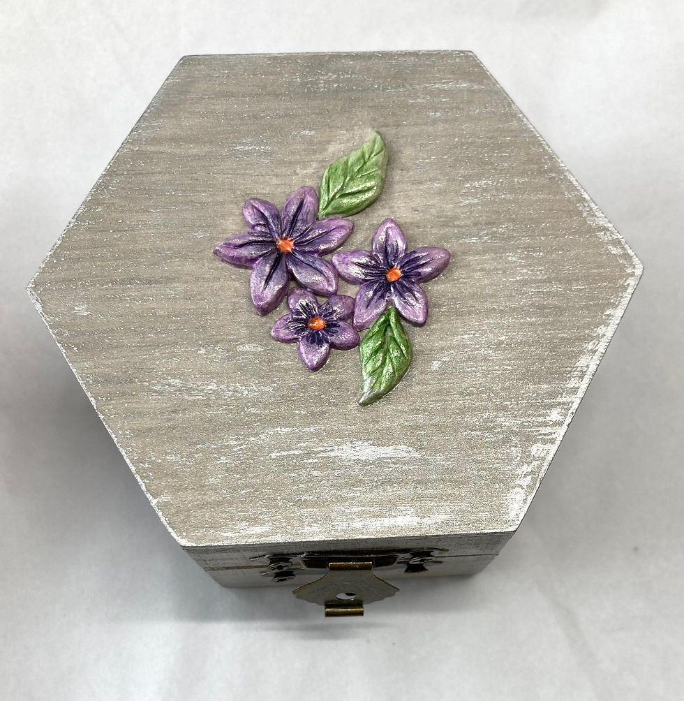 Thumbnail: Small Hexagonal Wooden Trinket Box - Clay Flowers