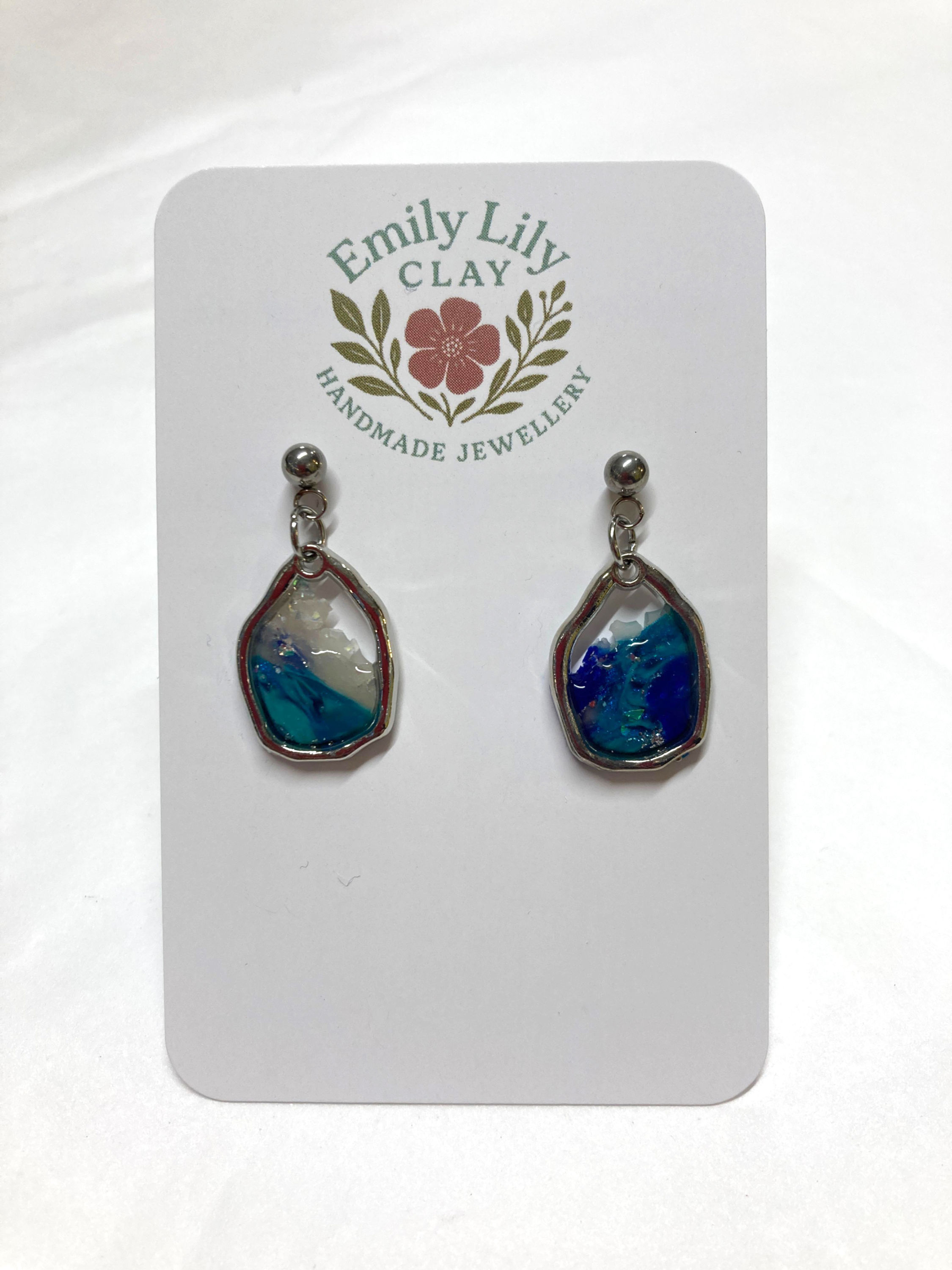 Blue and Silver Polymer Clay Dangle Earrings