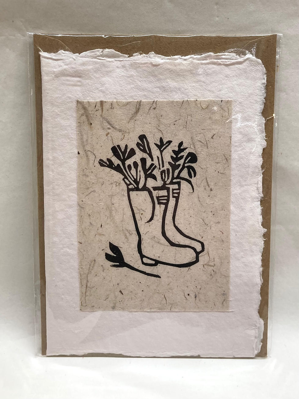 Lino Print Botanical Paper Card - Flowers and Wellies