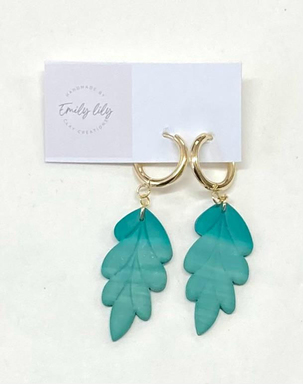 Teal Green Leaf Polymer Clay Hoop Earrings