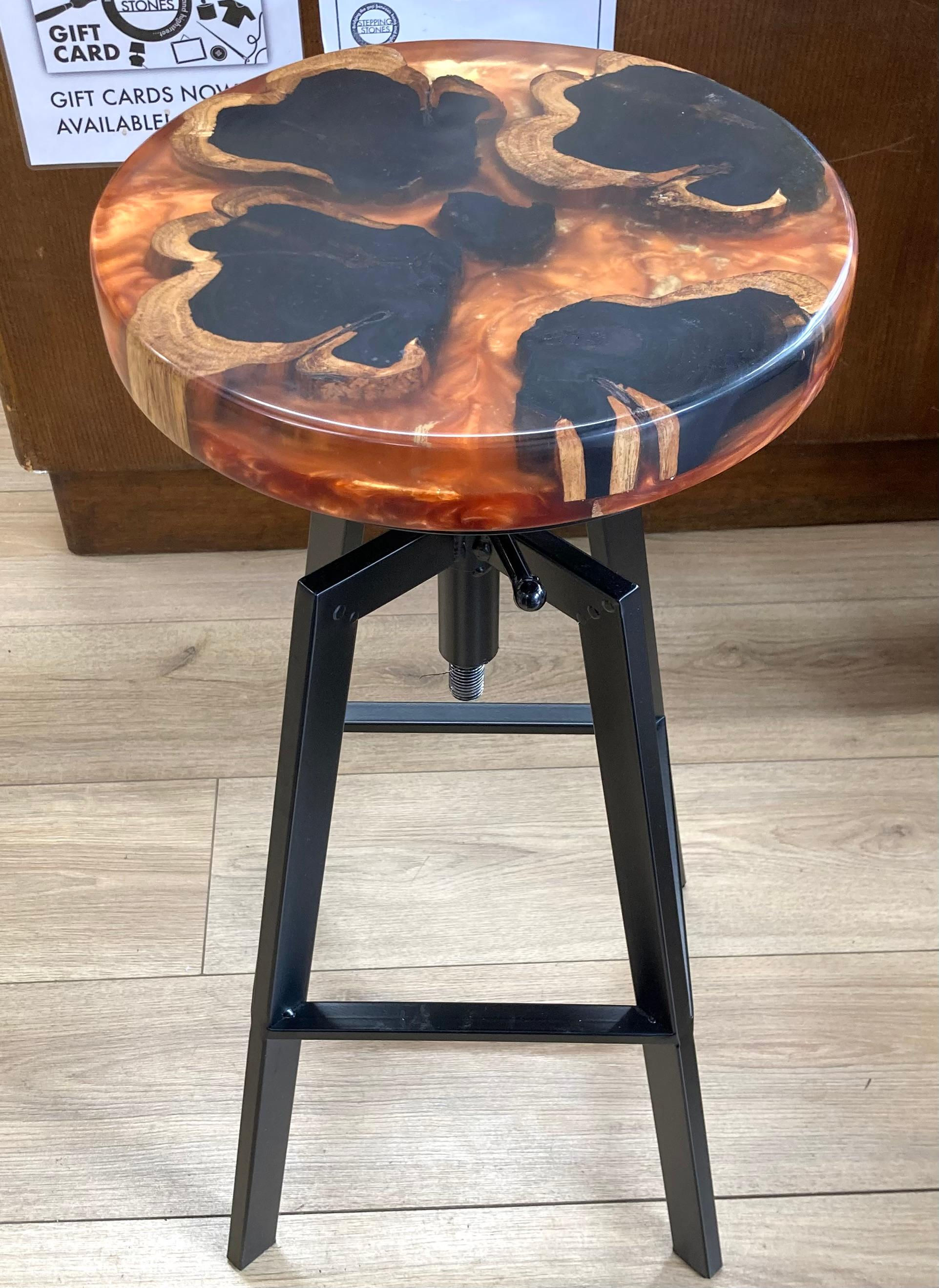 Burr Elm and Orange Resin Adjustable Stool