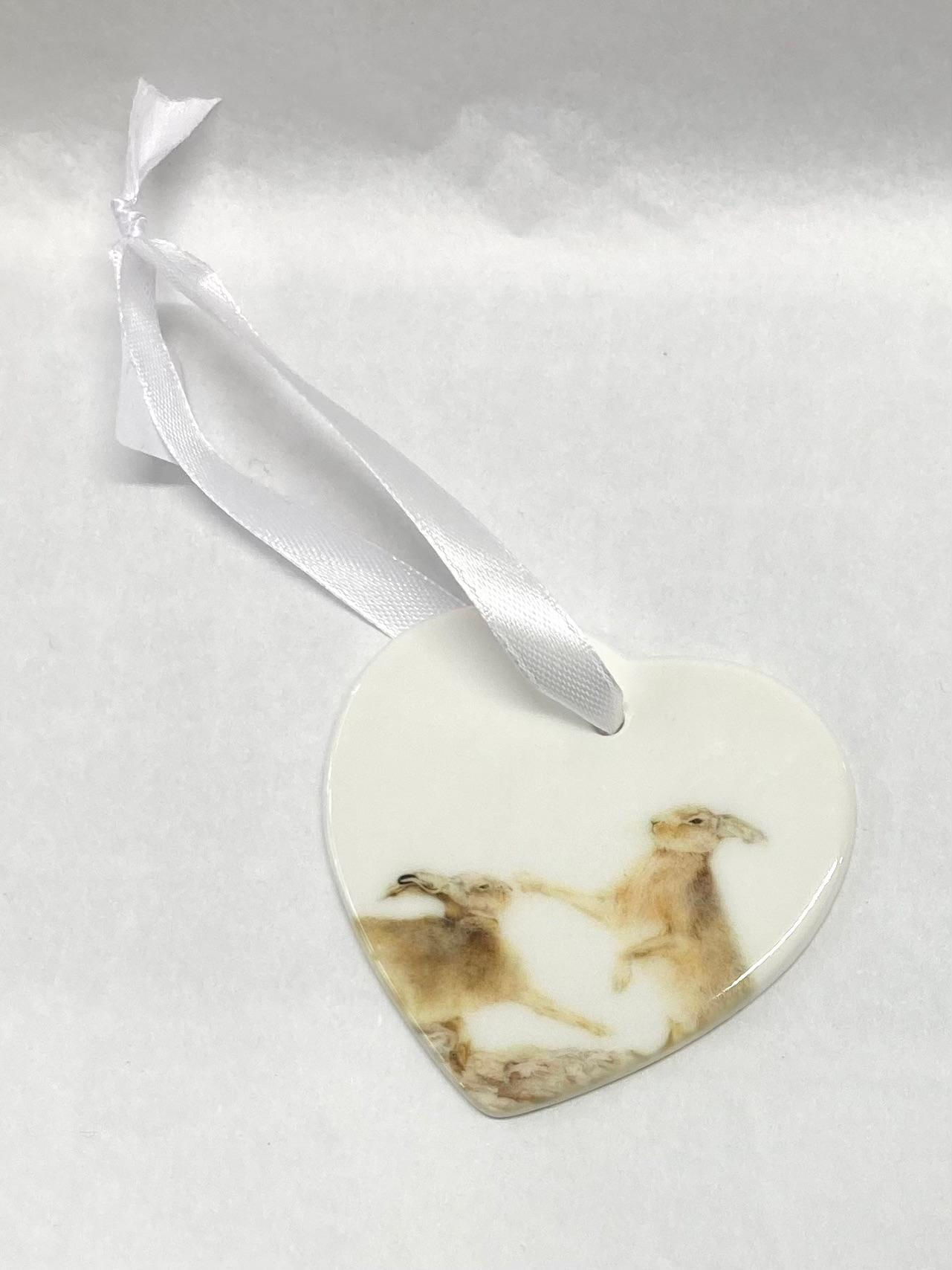Ceramic Heart Hanging Decoration - Boxing Hares