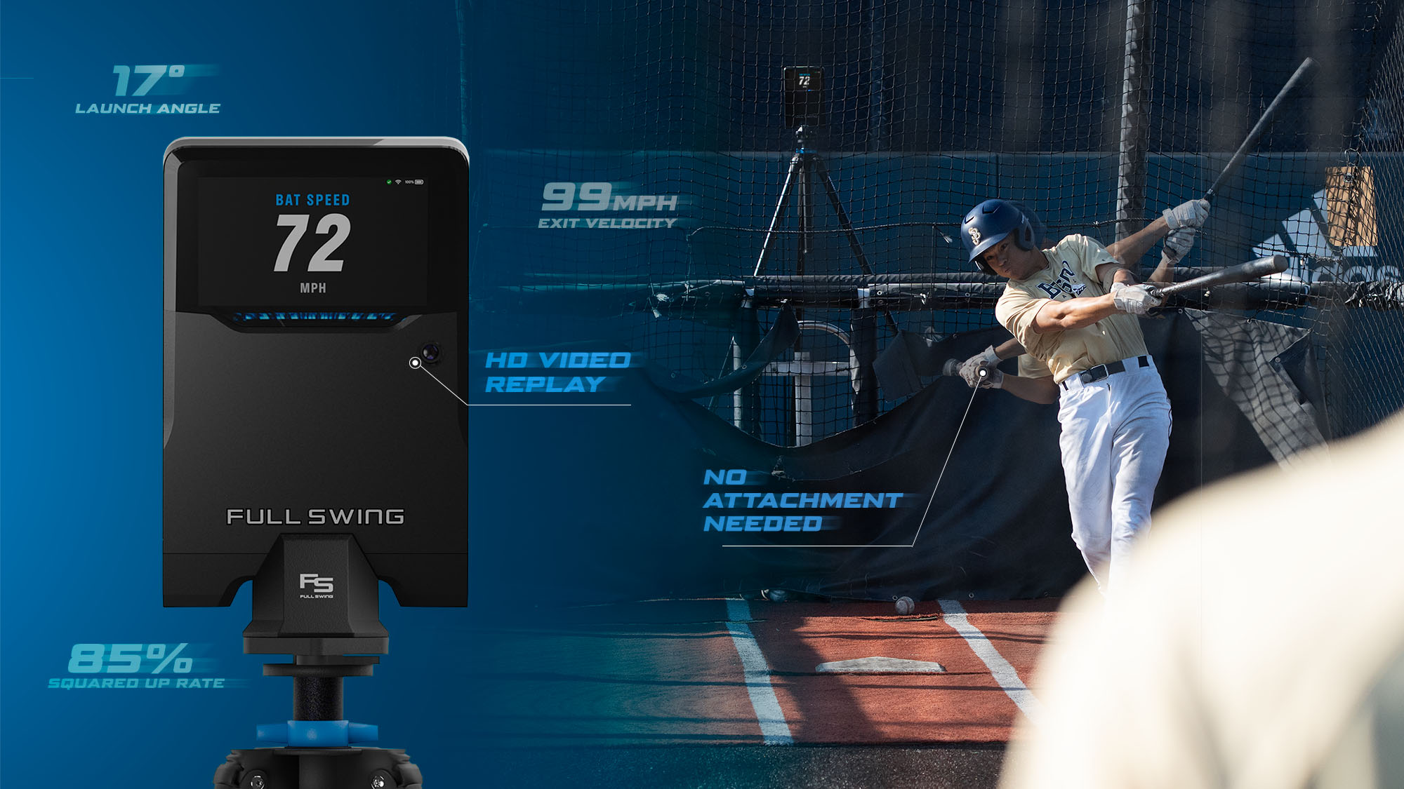 Full Swing KITは、センサー装着不要のバットスピード計測、3Dフィールド上での打球データ表示、高度な打撃・投球指標を、持ち運べる1台に集約した唯一のデバイスです。の関連画像