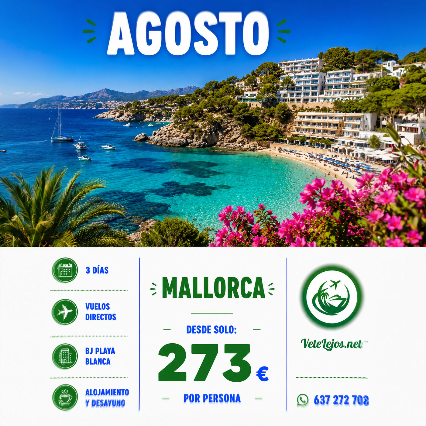 🌴 MALLORCA AGOSTO 2026 · HOTEL BJ PLAYA BLANCA CON DESAYUNO INCLUIDO🌴