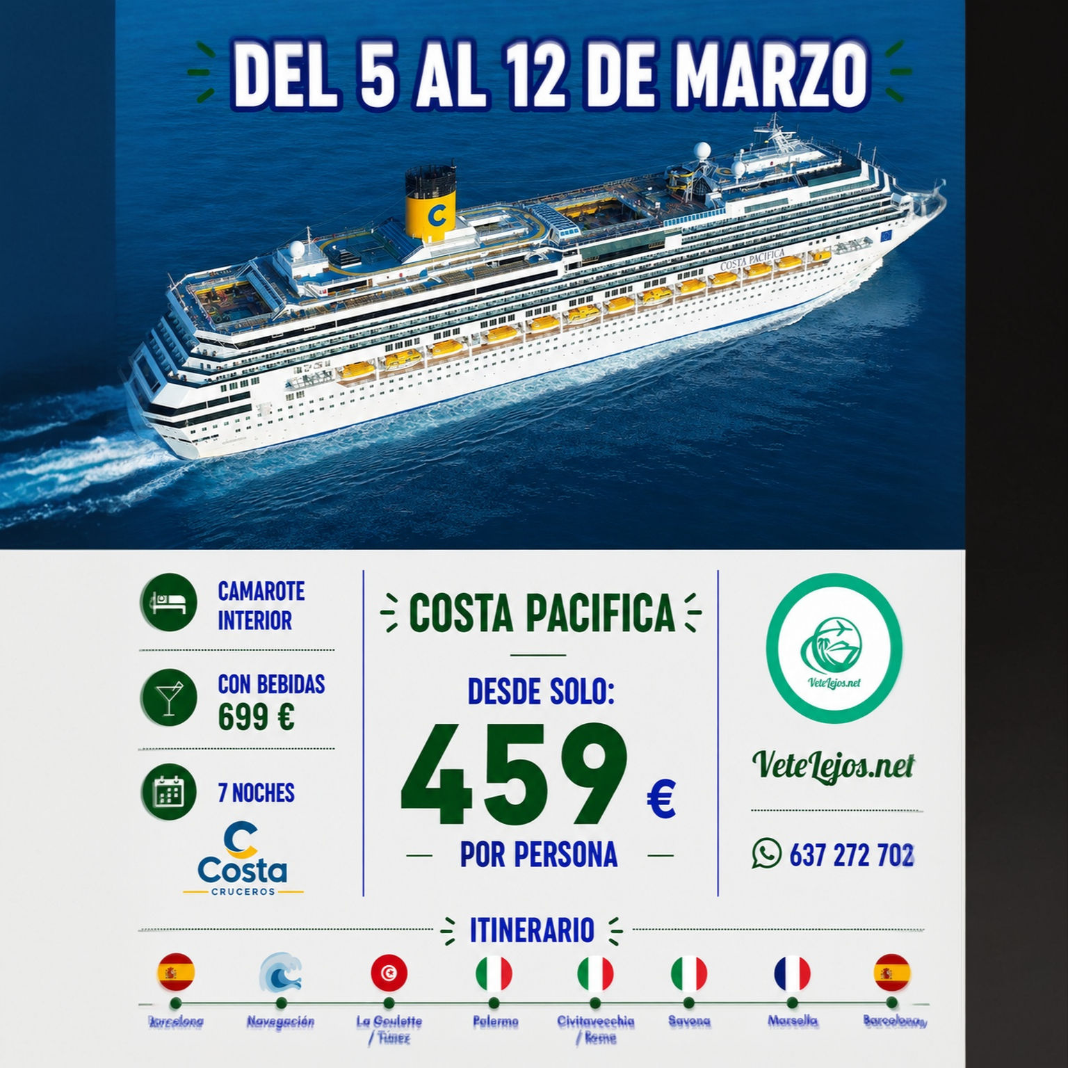 🚢 COSTA PACIFICA – MEDITERRÁNEO | MARSELLA, SAVONA, NÁPOLES, PALERMO Y TÚNEZ |
