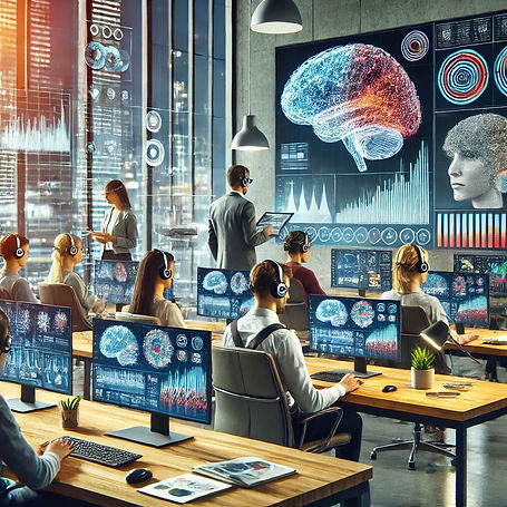 There are some people exploring neuromarketing in laboratory wth many computers.