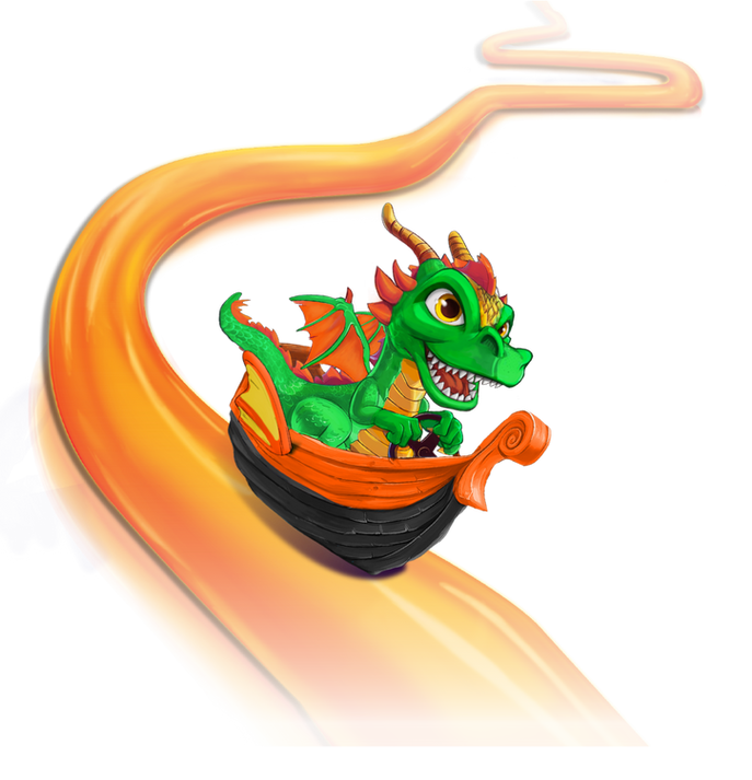 Illustrated Draco dragon character from Slime Riders riding on a slime track