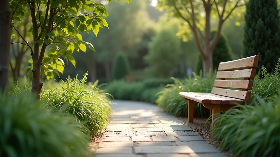 Eye-level view of a peaceful garden with green plants and a wooden bench