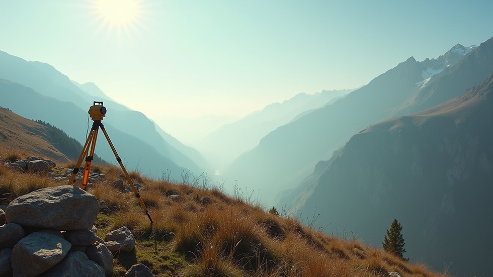 Wide angle view of a mountainous landscape with surveying equipment