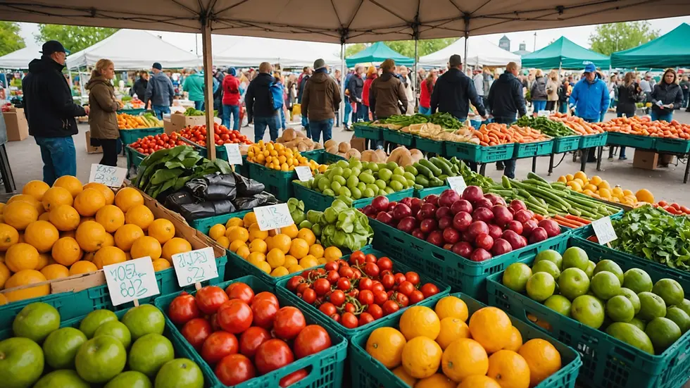 Wide angle view of a bustling farmer's market with fresh produce