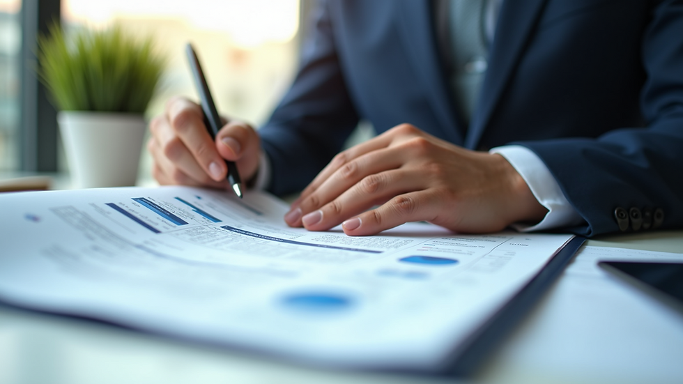 Close-up view of a financial analyst reviewing tax documents