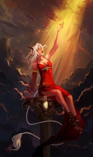 Humanoid woman with horns and tail sitting on a greek-style column. She is lifting an amber pendant into a beam of light.