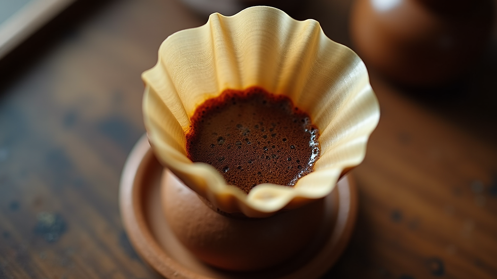 Eye-level view of a traditional South Indian coffee filter with freshly brewed coffee