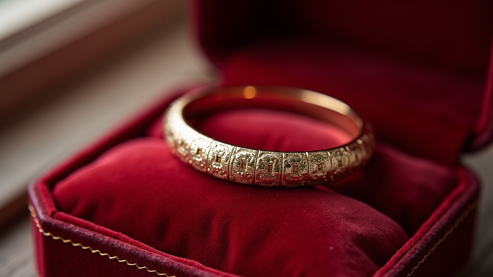 Eye-level view of a Cartier nail style bracelet displayed on a velvet cushion