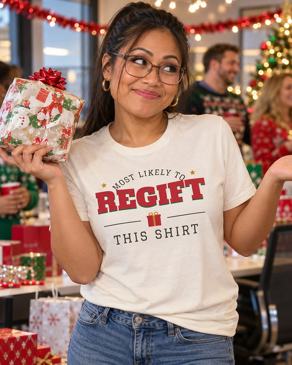 Woman holding a wrapped gift at an office party, wearing the Most Likely to Regift This Shirt funny Christmas t-shirt