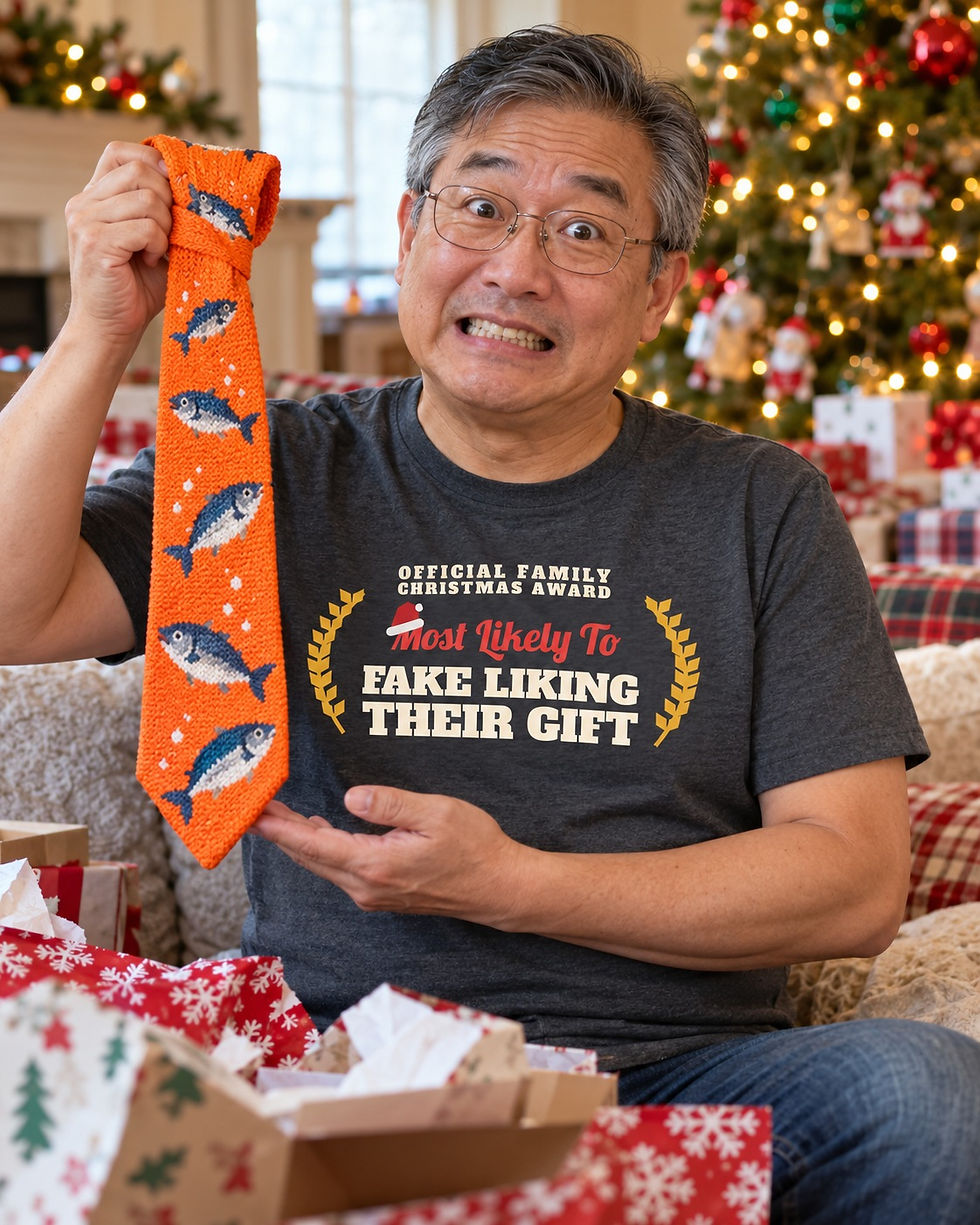 Man holding up a fish tie gift wearing the Most Likely to Fake Liking Their Gift funny Christmas t-shirt