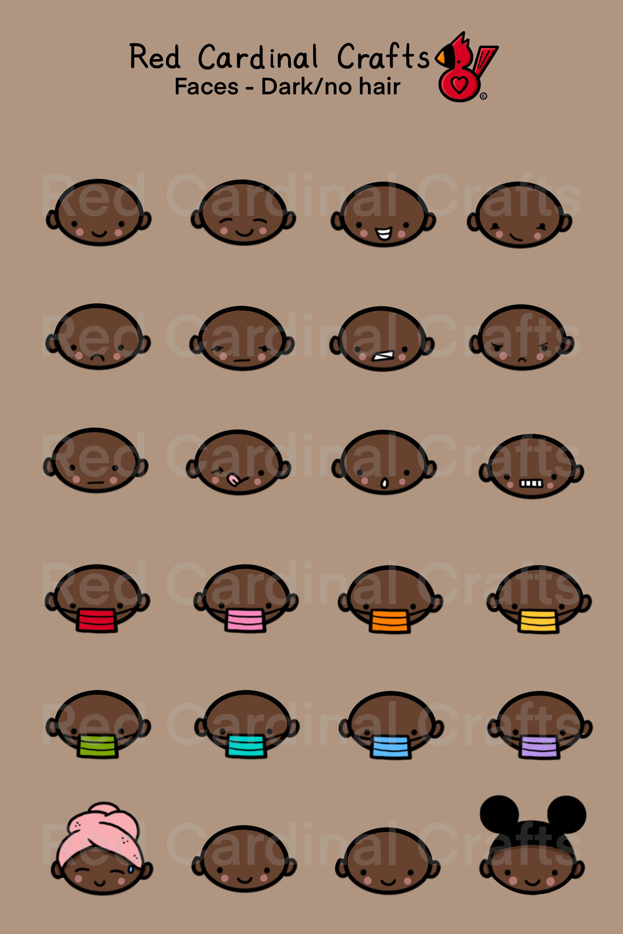 Digital Stickers - Faces/dark skin/no hair