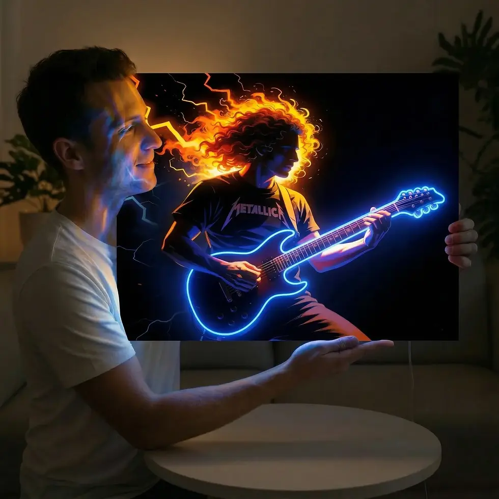 Rock Müzik ve Elektro Gitar Temalı UV Baskılı Neon Tablo