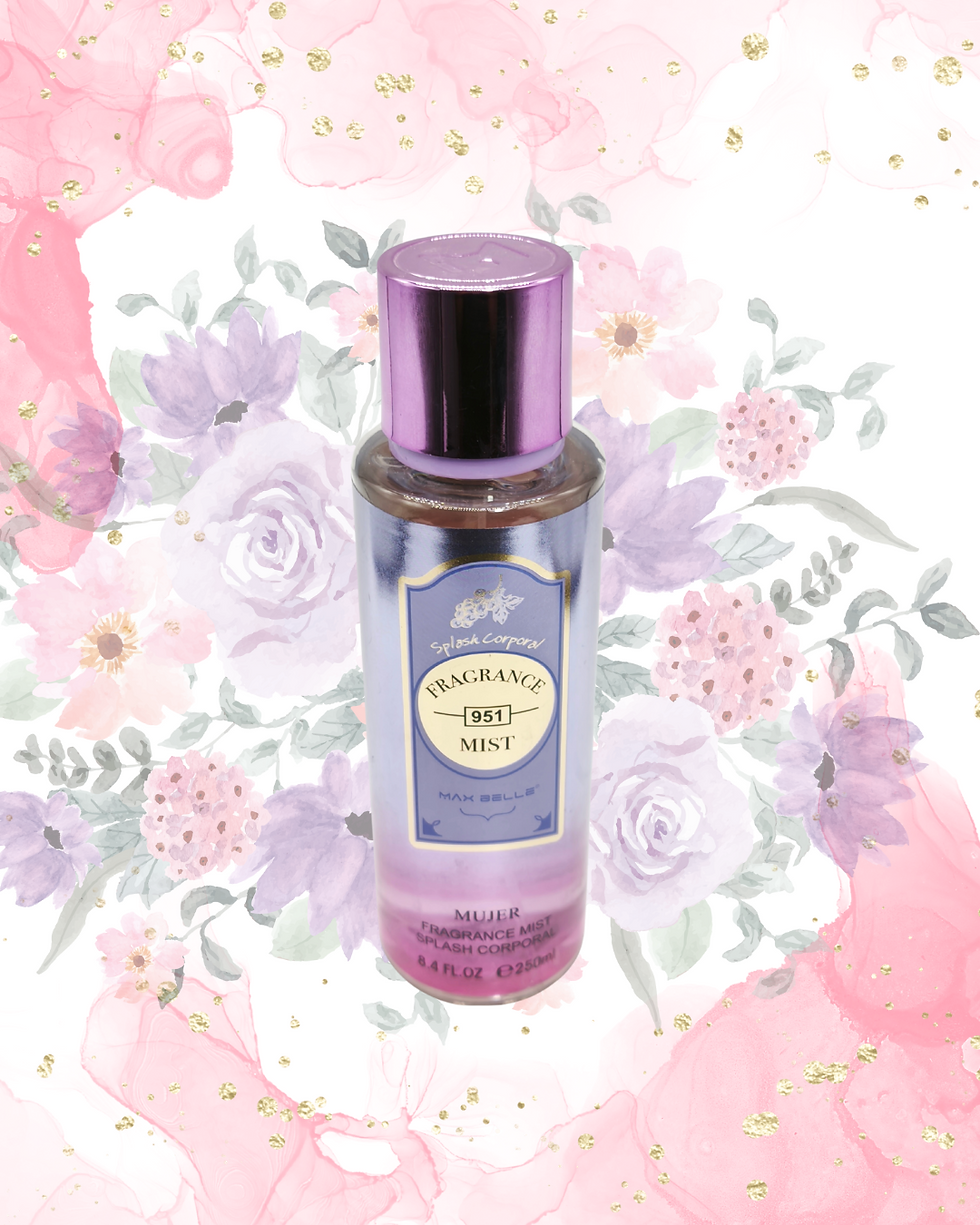 Fondo floral con envase de spray corporal Splach 951, para una sensación de frescura.