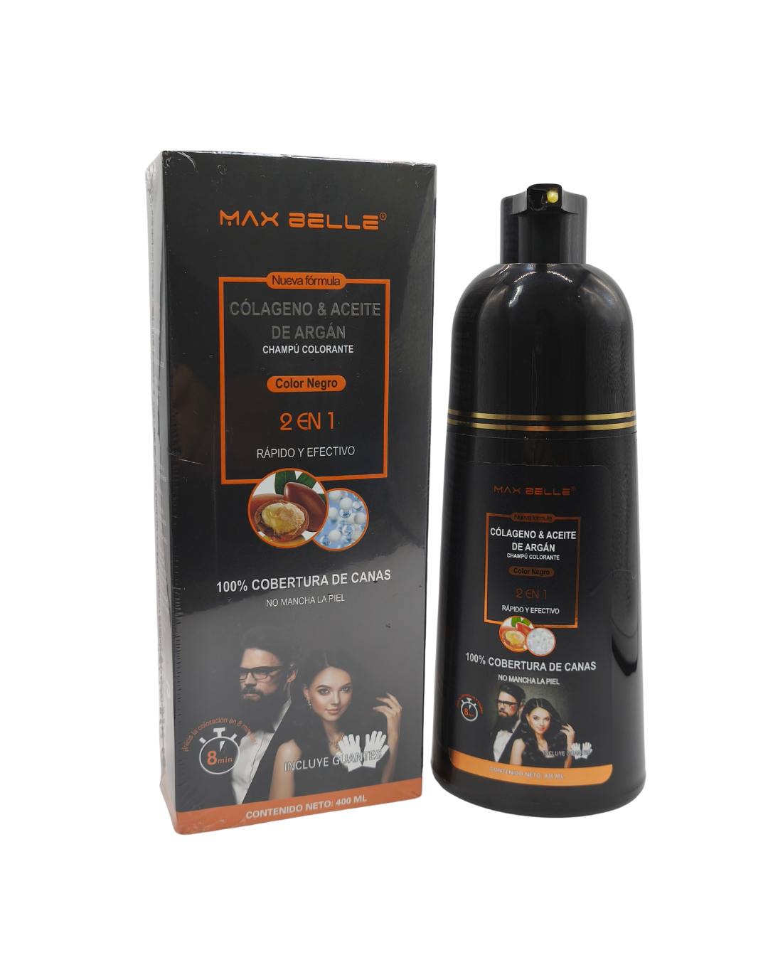 Champú colorante Max Belle, envase con etiqueta y nombre del producto.