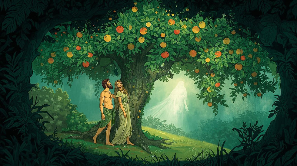 A picture of Adam and Eve under an Apple Tree. Created by Canva AI.