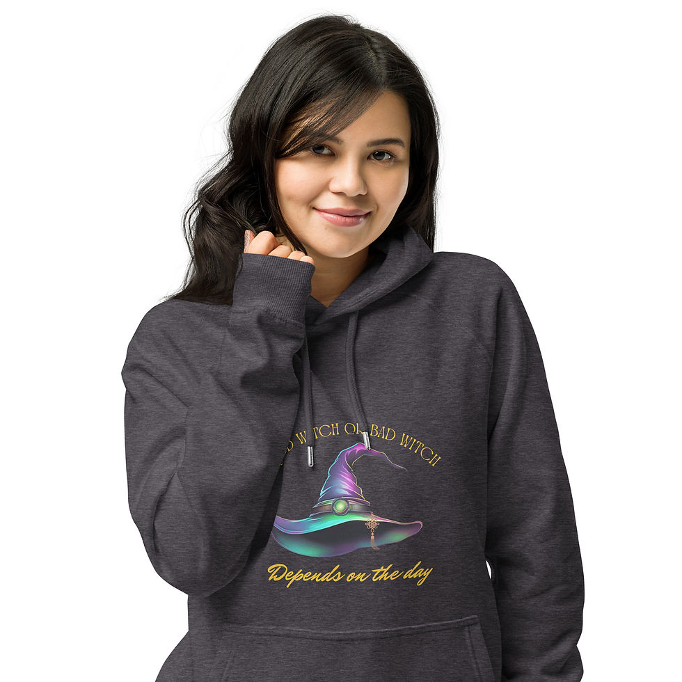 Thumbnail: Woman wearing gray Hoodie with a colorful witch hat and text "Good Witch or Bad Witch Depends on the day" front view