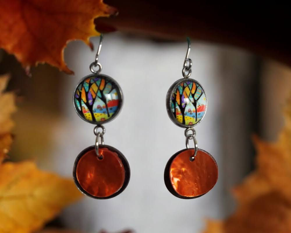 Tree of Life & Shell Drop- Dangle Earrings- orange and black