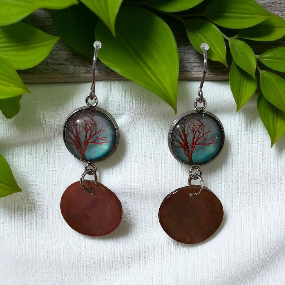 Thumbnail: Tree of Life & Shell Drop- Dangle Style Earrings -Coral and Teal