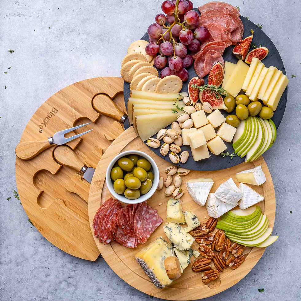 Thumbnail: Bamboo Charcuterie Board with Removable Slate Platter and Cheese Cutlery Set displayed with meets, cheeses, fruits and more.