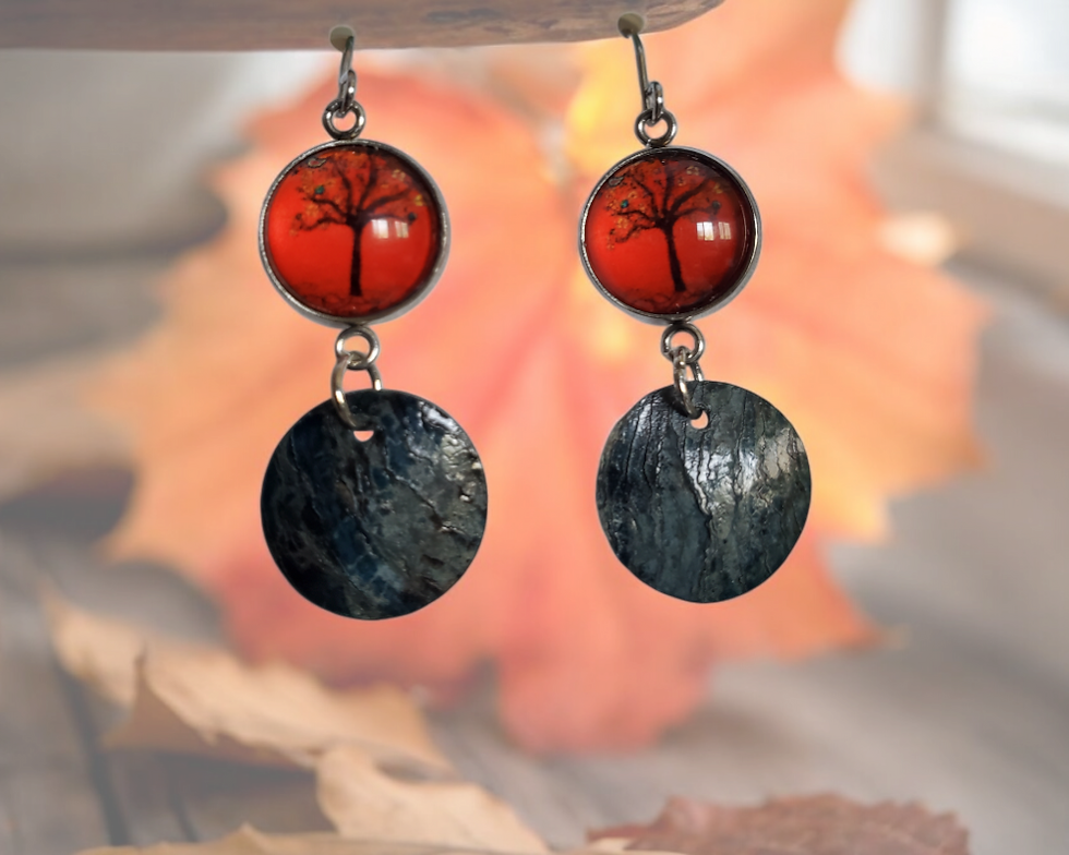 Thumbnail: Tree of Life & Shell Drop- Dangle Earrings- red and black