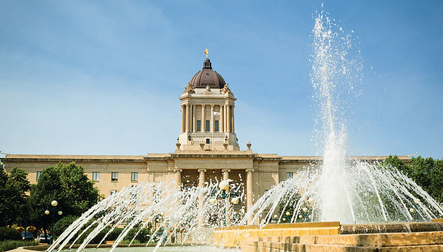 Image of fountain with Manitoba Legislative Building in the background