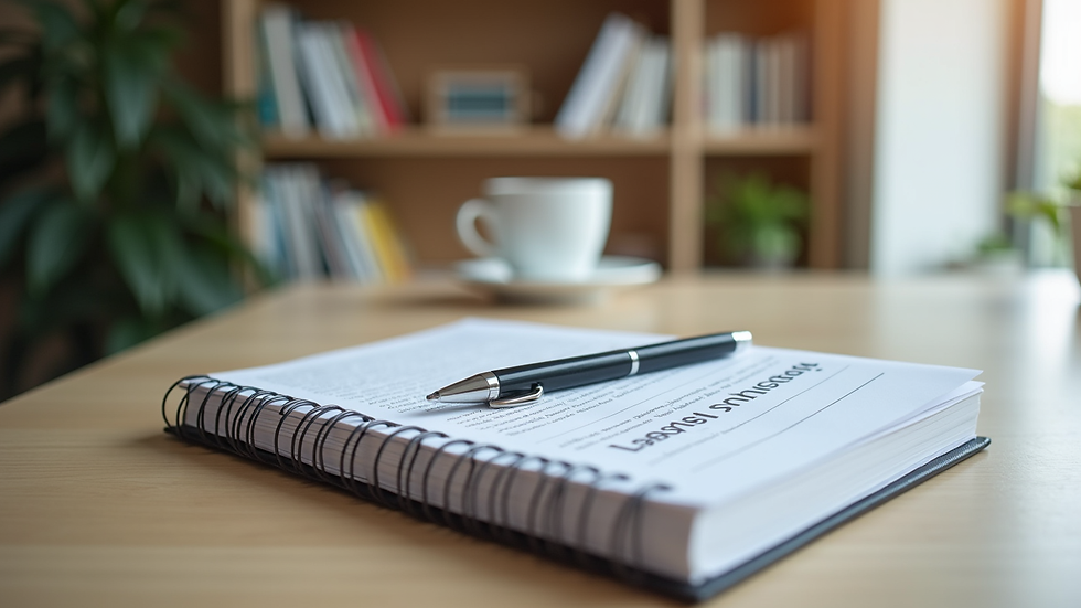 Eye-level view of a modern office desk with leadership books and a notebook