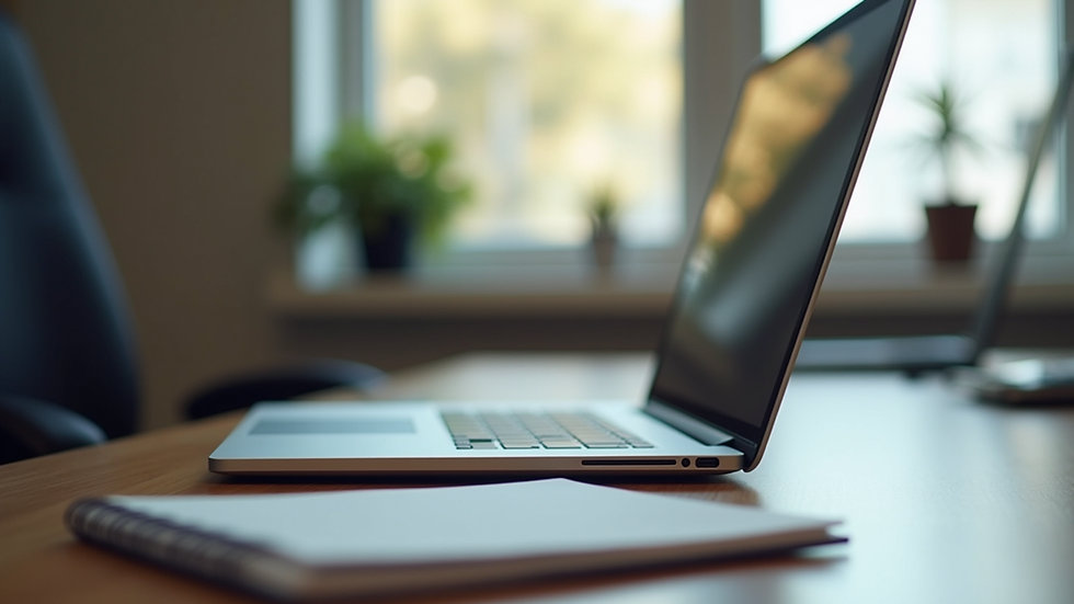 Eye-level view of a modern office desk with a laptop and notebook