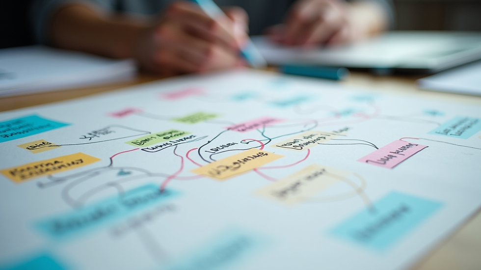 Close-up view of a colourful mind map on a desk with notes and markers