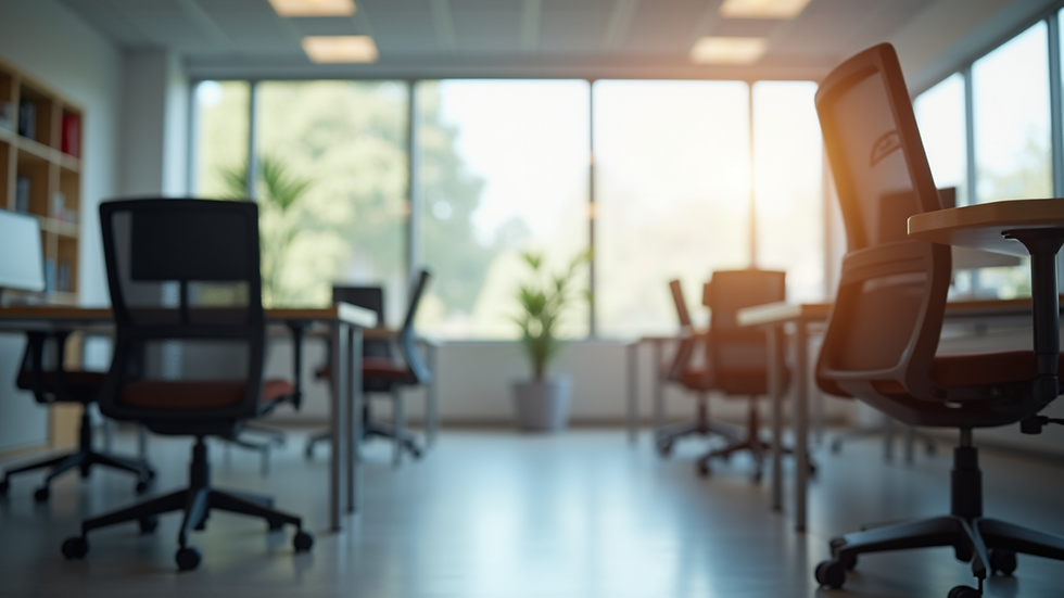 Close-up view of a quiet, well-lit office space with ergonomic furniture