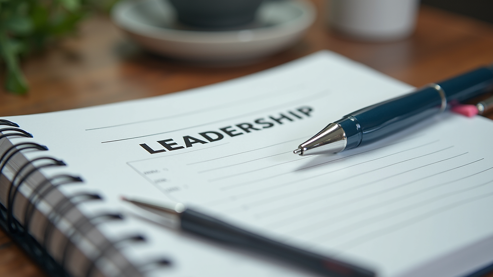 Close-up view of a notebook with leadership notes and a pen