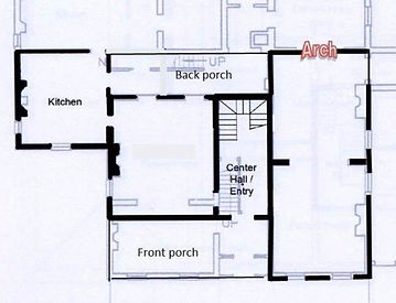 Recreated blueprint of early Edwards Place, with labeled rooms as kitchen, back porch, center hall/entry, front porch, and arch.