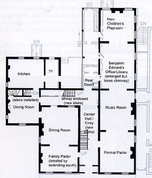 Recreated blueprint of lower level of Edwards Place, including kitchen, unknown room, servant dining room, dining room, family parlor, center hall/entry, formal parlor, music room, office/library, and children's playroom.