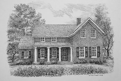 Edwards Place artist recreation drawing of a one-and-a-half story home with shutters on the downstairs windows and a small front porch.