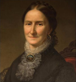 Helen Edwards - painted portrait of a middl-aged woman in silk dress and lace collar with a brooch at her neck and matchin dangle earrings. Her hair is done up in a plaited coiff and she has a slight smile.