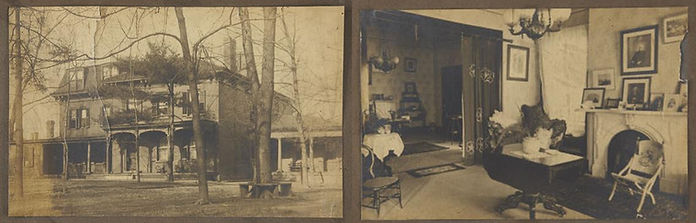 Two images - the one on the left is of a two-and-a-half story Italianate home surrounded by thin trees. The right image shows two rooms separated by a square arch and decorated with many pieces of furniture.