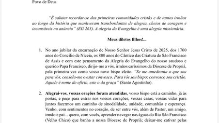 Monsenhor George Luís Amaral Muniz, eleito 5º Bispo da Diocese de Propriá, envia mensagem ao clero e ao povo de Deus