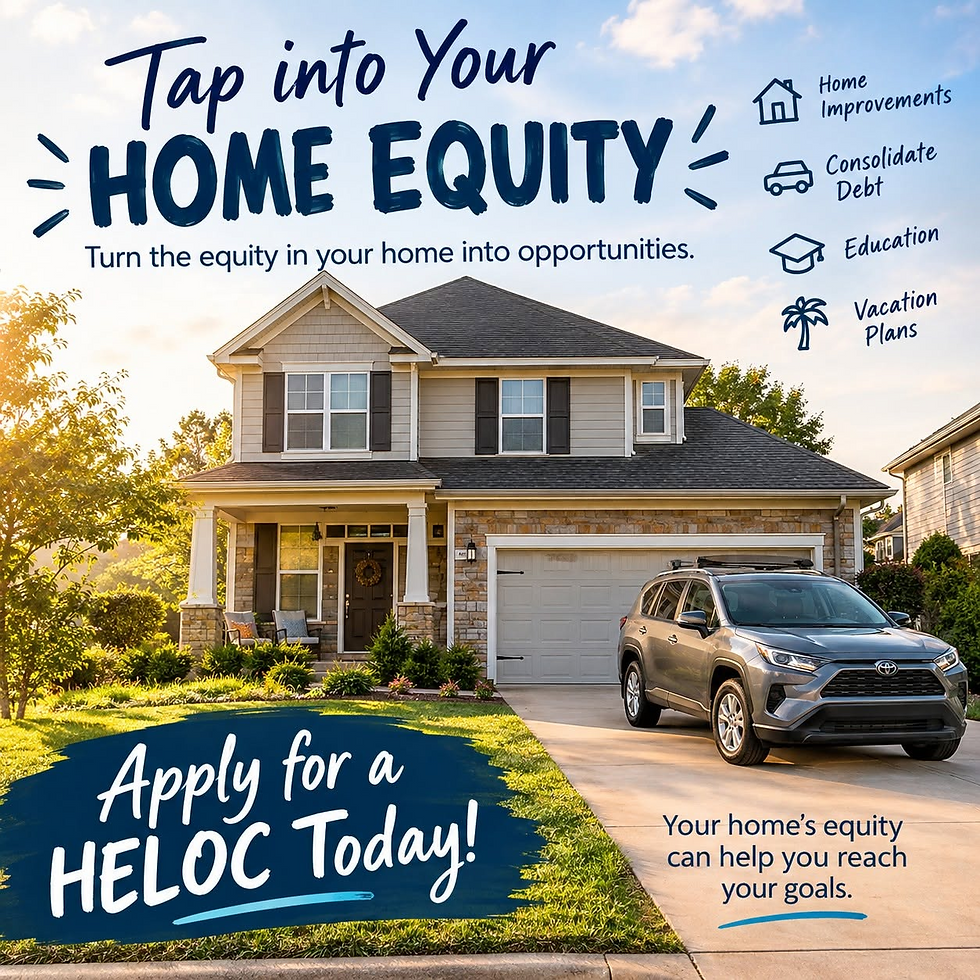 Suburban house with SUV and home equity ad text: Tap into Your Home Equity, Apply for a HELOC Today.