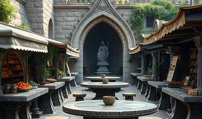 Medieval market beautifully carved stone tables for all the merchants. There should be nat