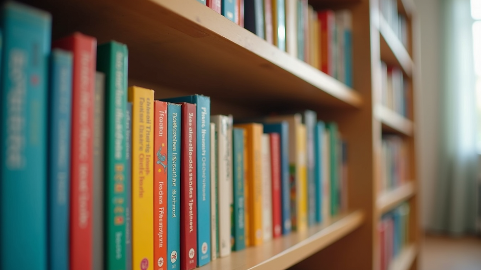 Close-up view of a bookshelf filled with colorful children's books