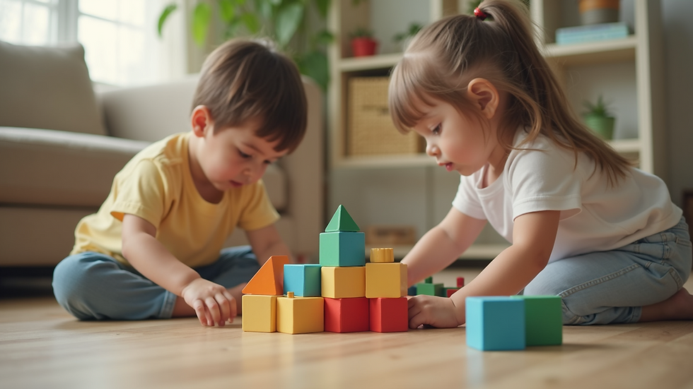 Eye-level view of children playing with building blocks
