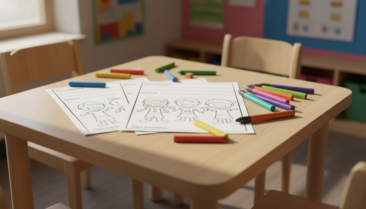 Close-up view of crayons and truth telling activity sheets on a child-sized table
